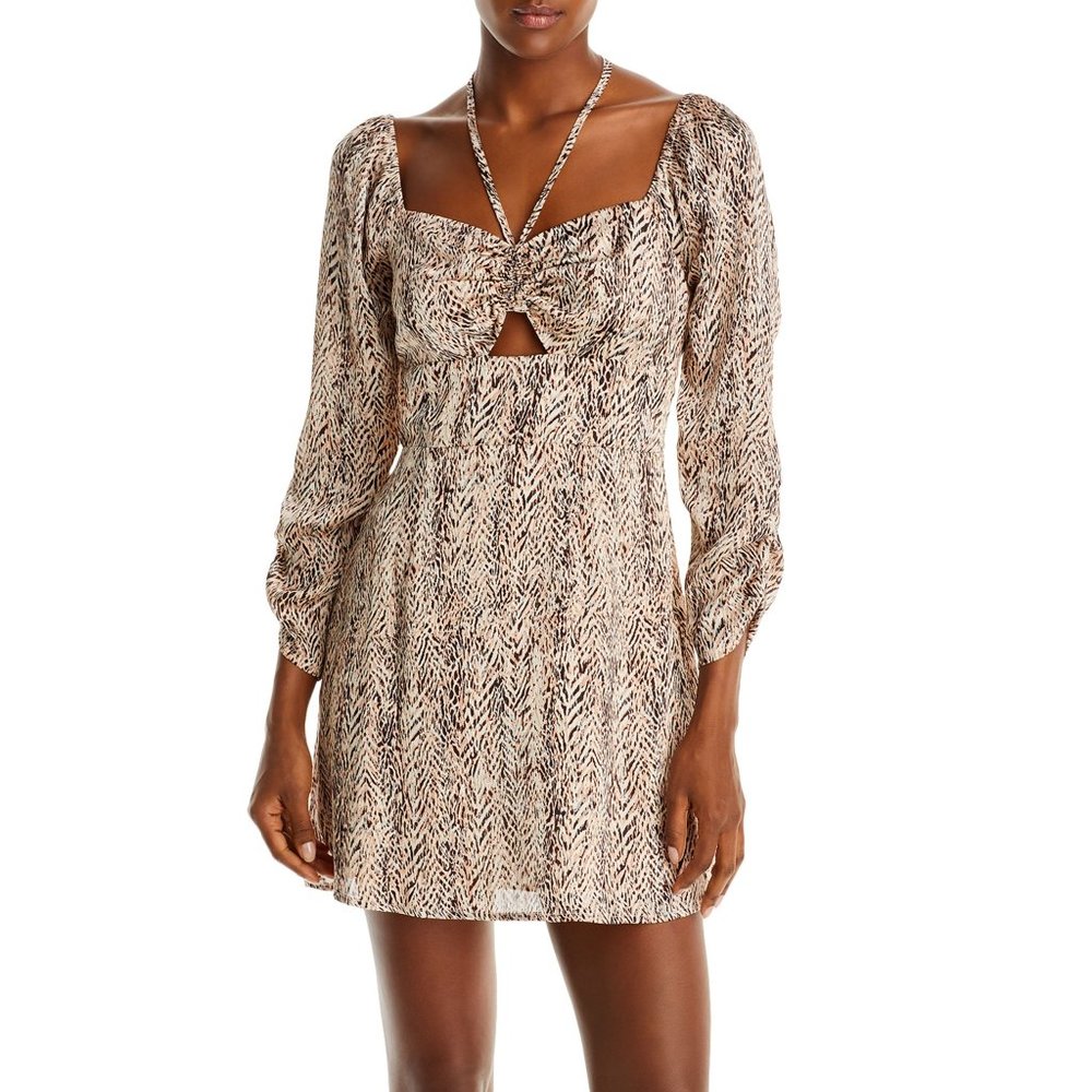 Aqua Women's Animal Print Halter Short Key Hole Mini Dress Medium Brown B4HP